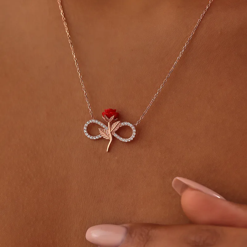 Red Rose Themed Gold Plated Necklace with Infinity Shape