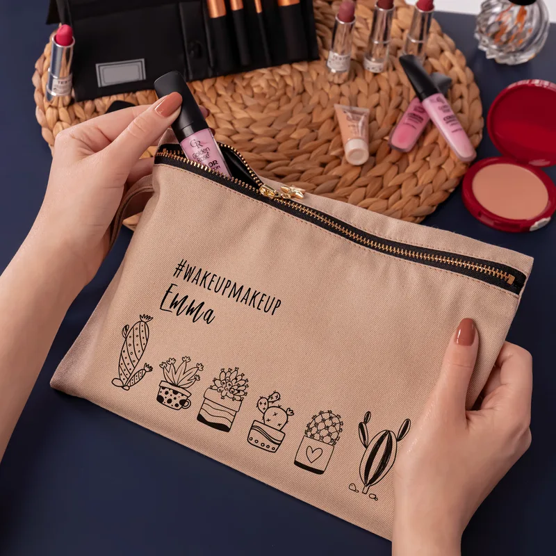Personalised Retro Cactus Canvas Makeup Bag for Her