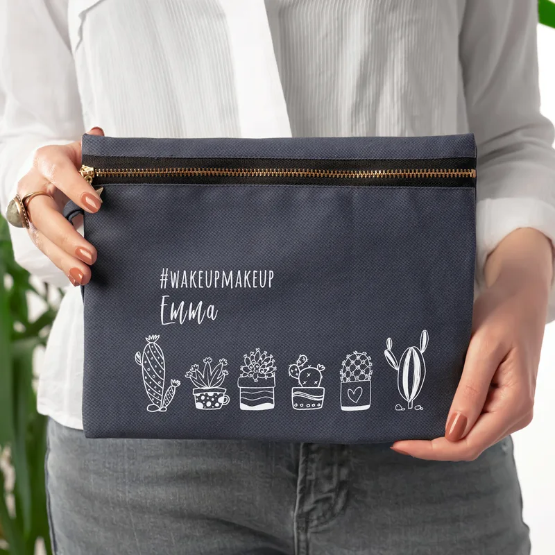 Personalised Retro Cactus Canvas Makeup Bag for Her