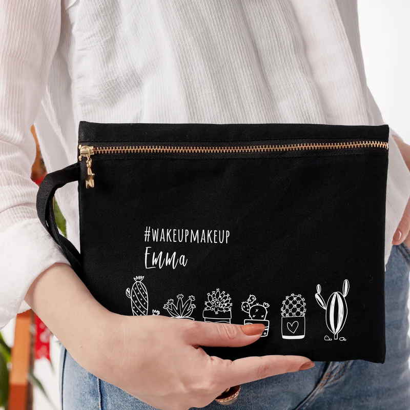 Personalised Retro Cactus Canvas Makeup Bag for Her