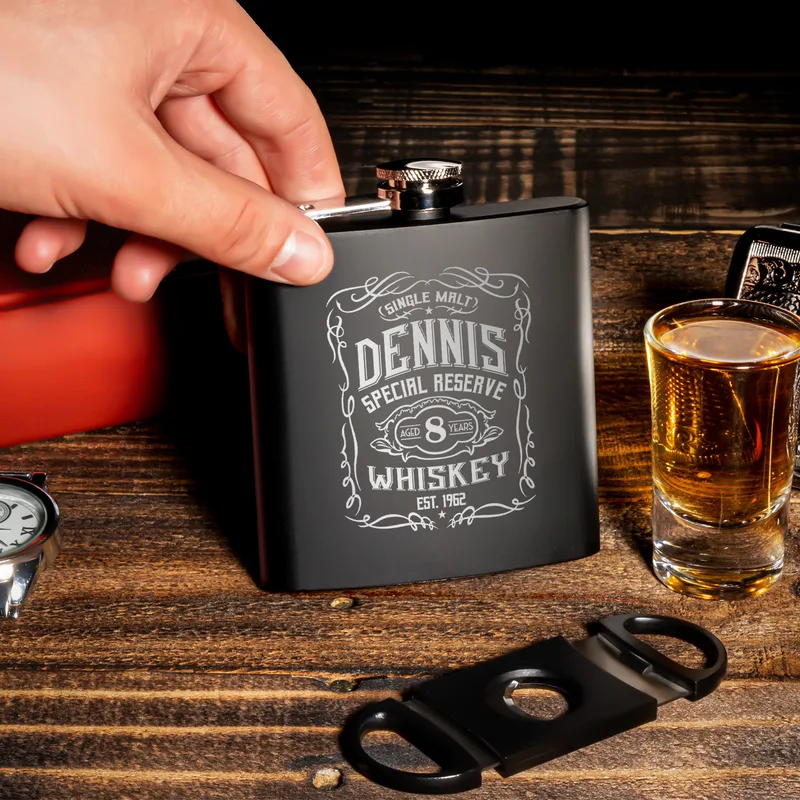 Retro Design Personalized Stainless Steel Matte Black Hip Flask
