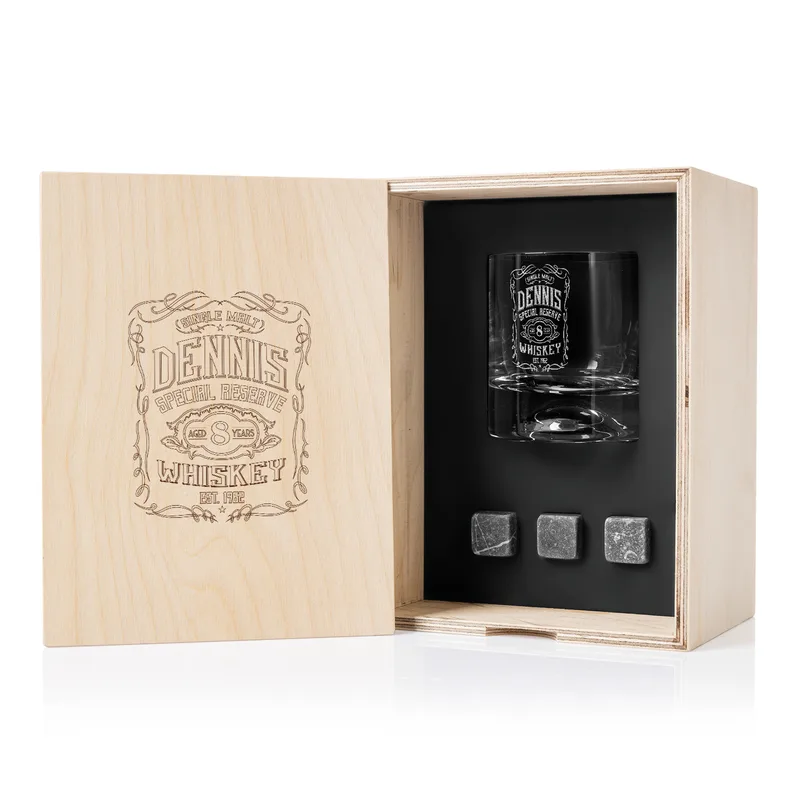 Retro Design Personalized Whiskey Glass Set Custom Wooden Box