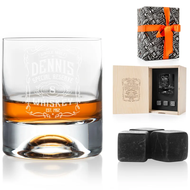 Retro Design Personalized Whiskey Glass Set Custom Wooden Box