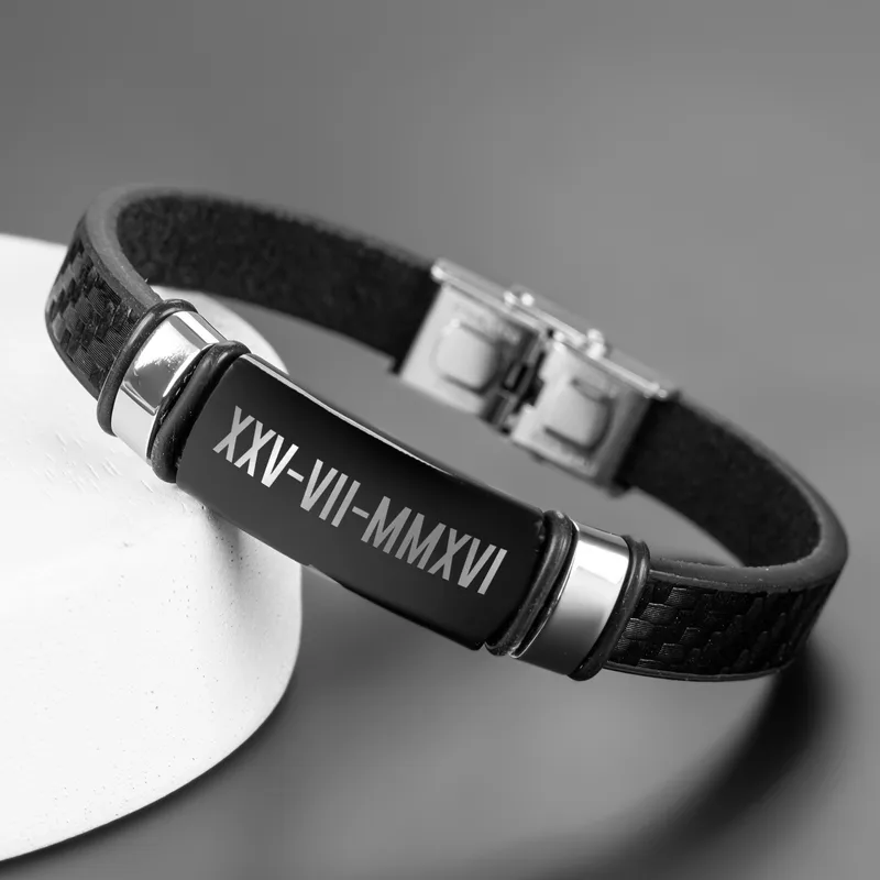 Roman Numerals Date Printed Leather Bracelet