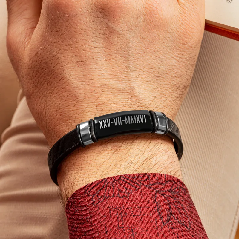 Roman Numerals Date Printed Leather Bracelet