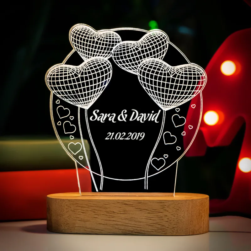 Romantic Gifts for Couples Heart Design with Name and Date 3D LED Lamp