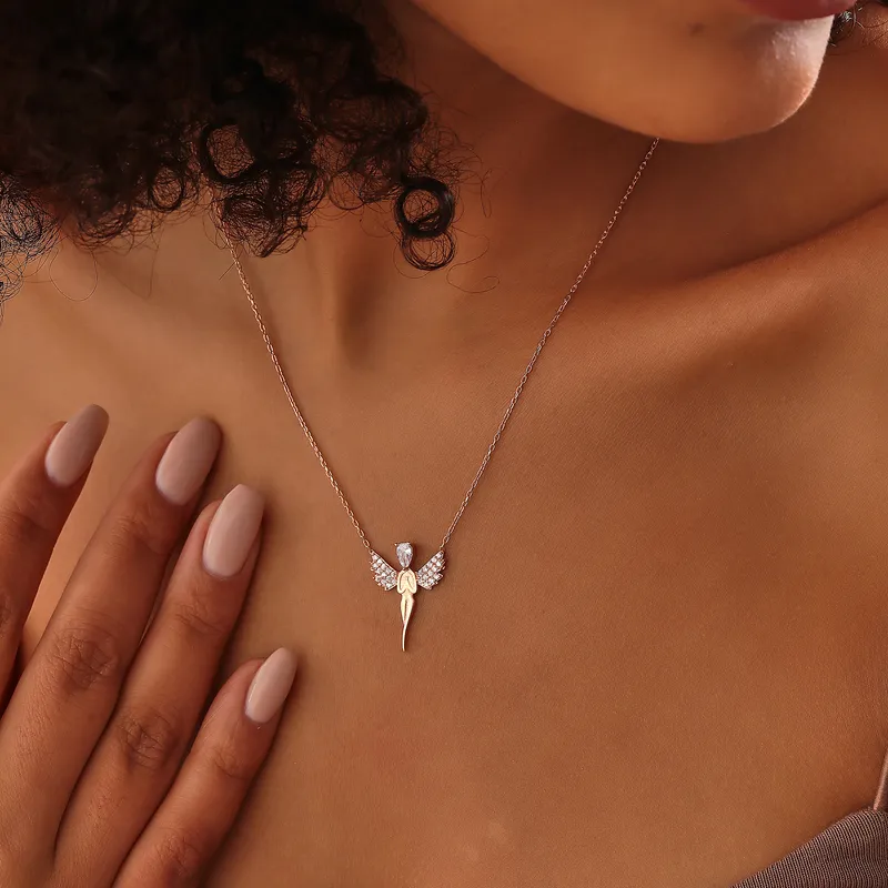 Rose Plated Silver Necklace with Angel Design as a Gift for Mother