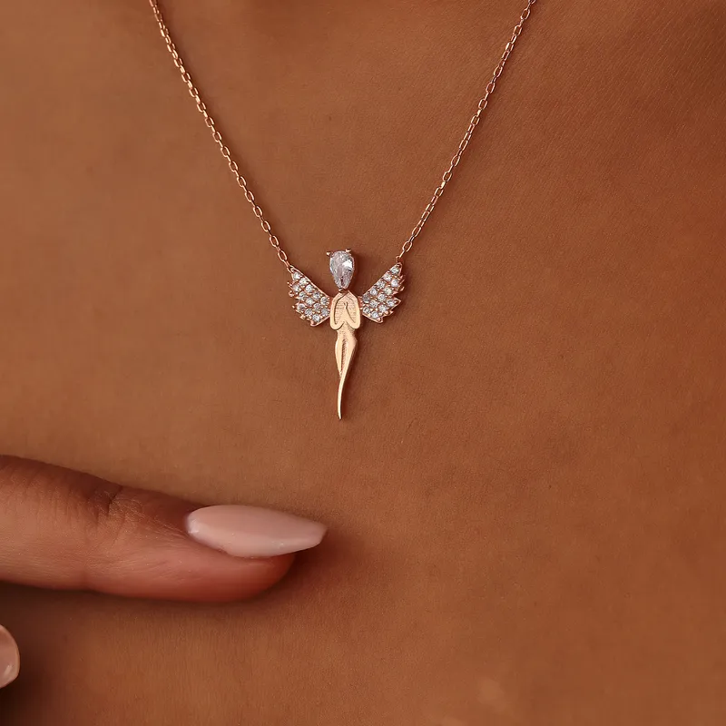 Rose Plated Silver Necklace with Angel Design as a Gift for Mother