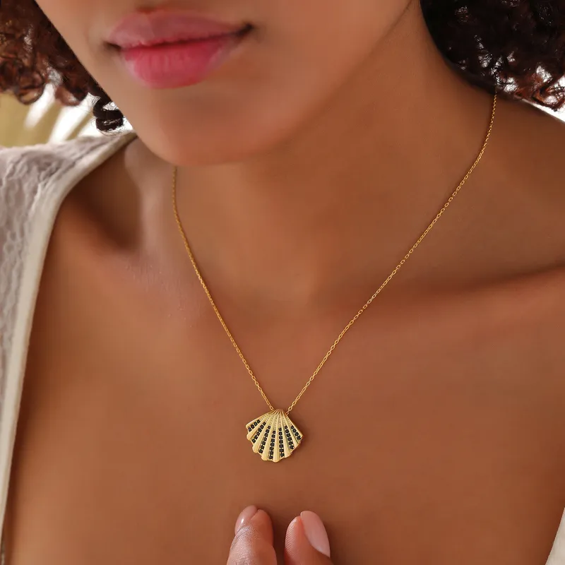 Sea Shell Pendant Gold Plated Necklace with Zirconia Stones