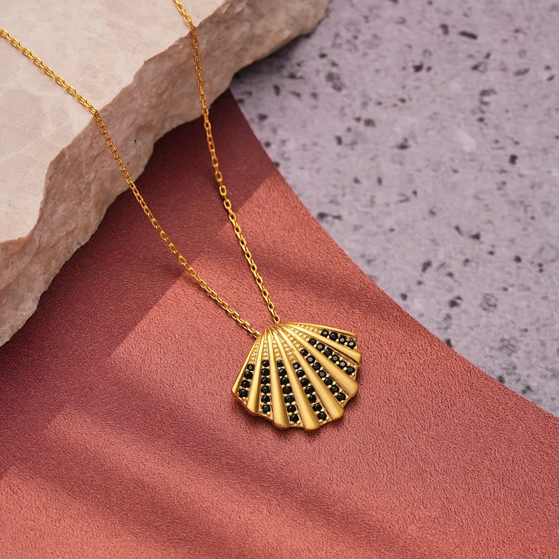 Sea Shell Pendant Gold Plated Necklace with Zirconia Stones
