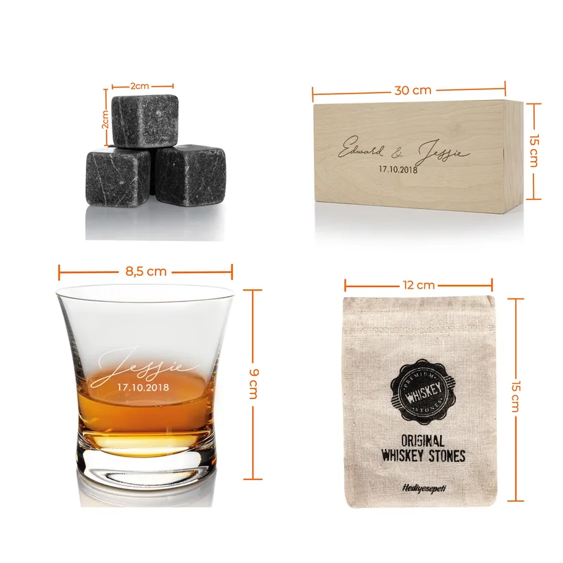 Signature Design Personalized 2 Piece Whiskey Glasses Set with Wooden Gift Box