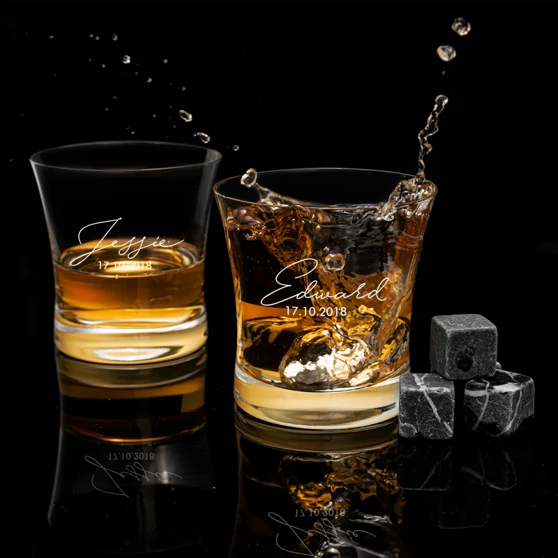 Signature Design Personalized 2 Piece Whiskey Glasses Set with Wooden Gift Box