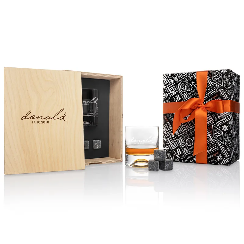 Personalised Whiskey Glass Set with Engraved Wooden Box