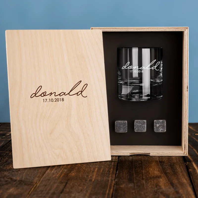 Personalised Whiskey Glass Set with Engraved Wooden Box