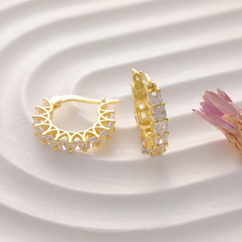 Silver Hoop Earrings with Rowed Zirconia Stones