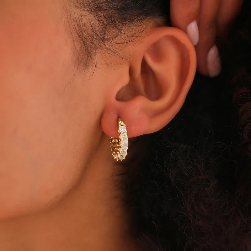 Silver Hoop Earrings with Rowed Zirconia Stones