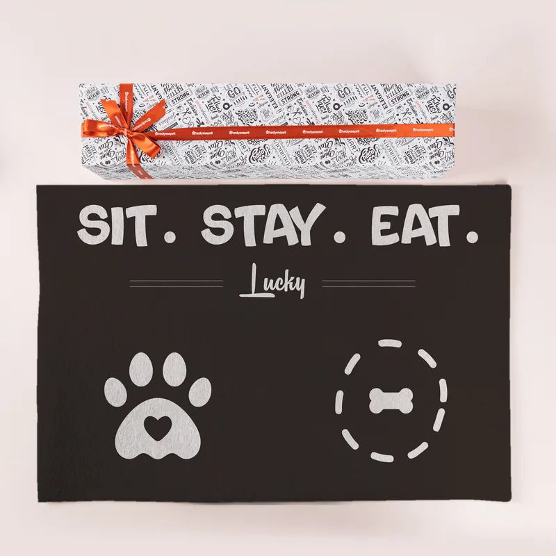 Personalised Pet Feeding Mat with Sit Stay Eat Design