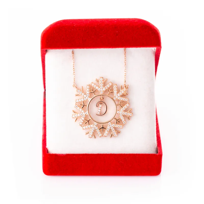 Snowflake with Initial Silver Rose Gold Finish Necklace Pendant