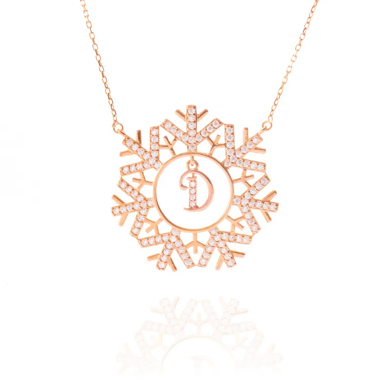 Snowflake with Initial Silver Rose Gold Finish Necklace Pendant