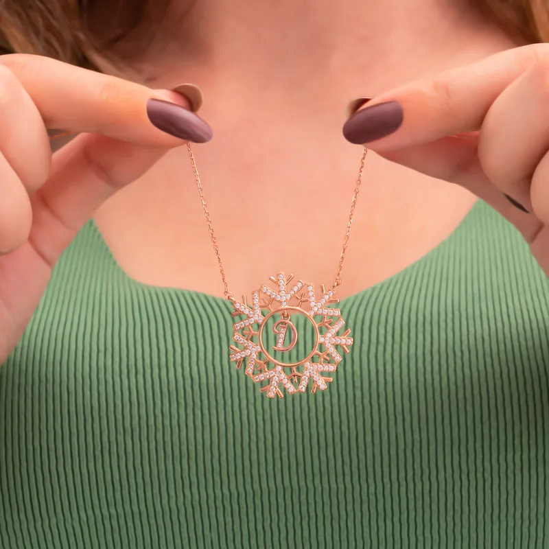 Snowflake with Initial Silver Rose Gold Finish Necklace Pendant