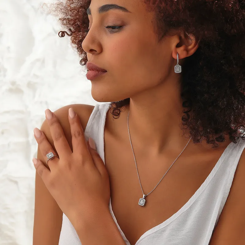 Sterling Silver Baguette Jewelry Set for Valentine's Day Gift