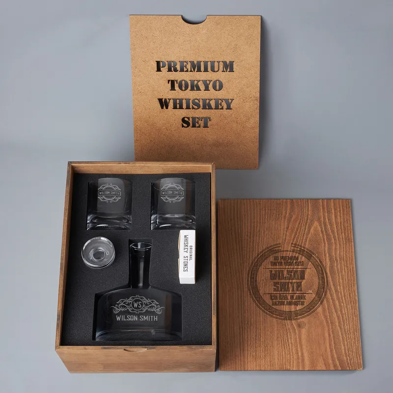 Tokyo Personalized Whiskey Set with Wooden Gift Box
