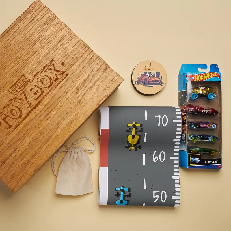 Toy Cars Wooden Toy Box with Growth Chart and Puzzle Gift