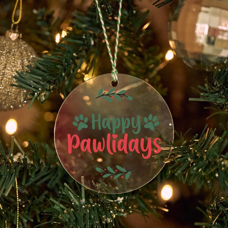Transparent Acrylic Happy Pawlidays Pine Tree Christmas Ornament