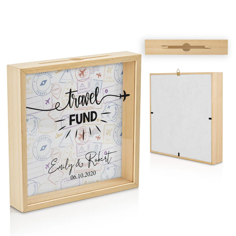 Travel Fund Personalized Wooden Piggy Bank Display Box