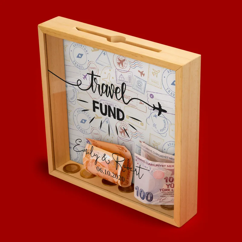 Travel Fund Personalized Wooden Piggy Bank Display Box