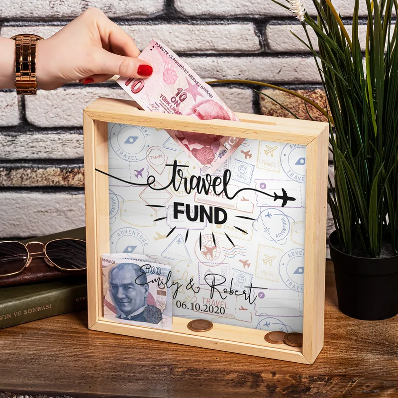 Travel Fund Personalized Wooden Piggy Bank Display Box