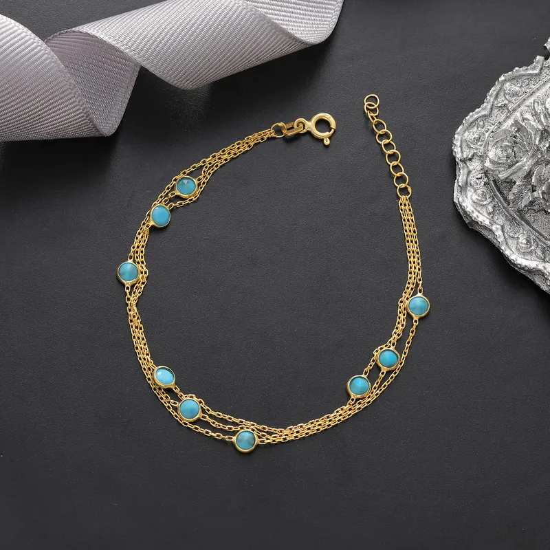 Triple Chain Gold Plated Bracelet with Blue Zirconia Stones