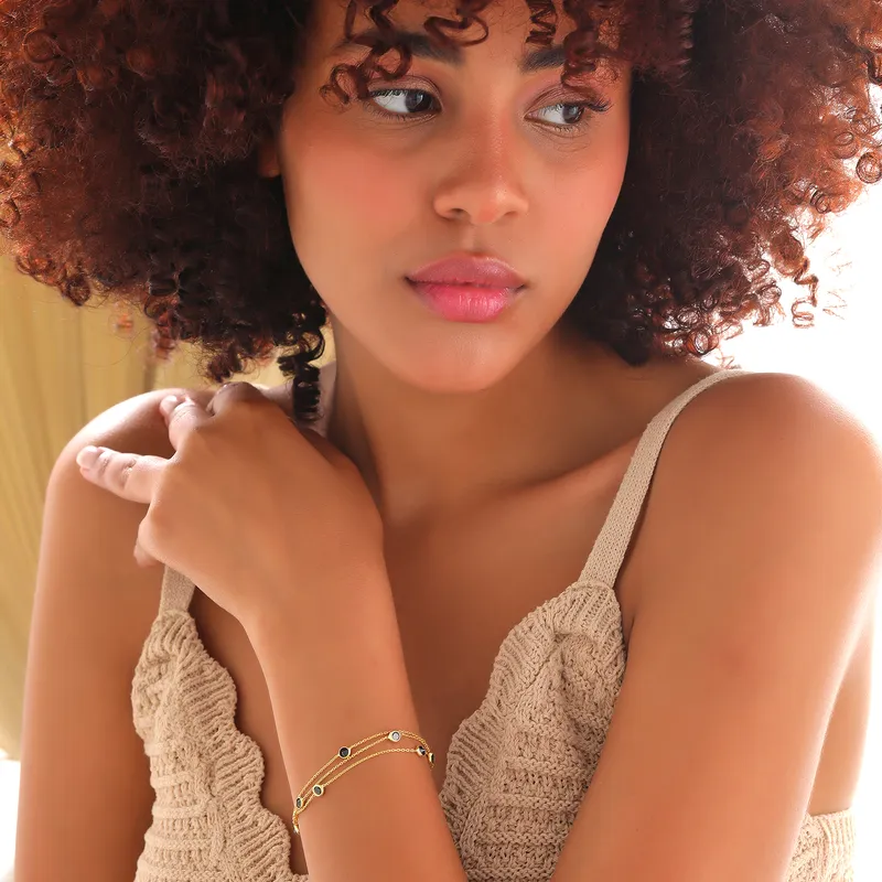 Triple Chain Gold Plated Bracelet with Blue Zirconia Stones