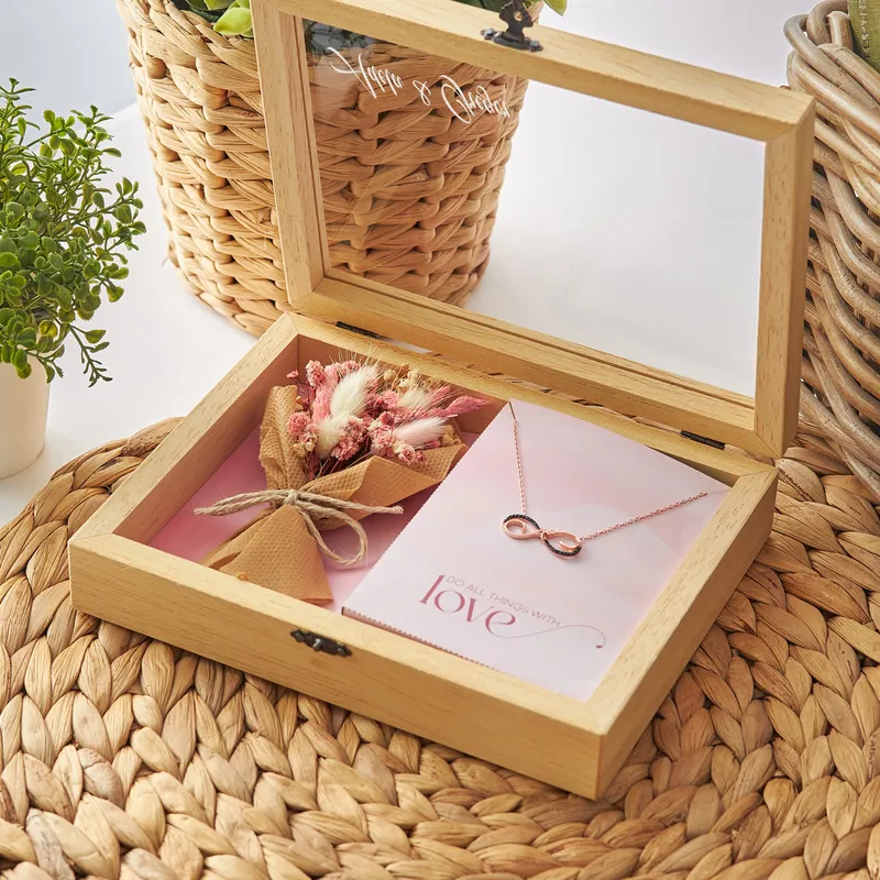 Valentine's Love Necklace Name Written Gift Box with Flower Bouquet