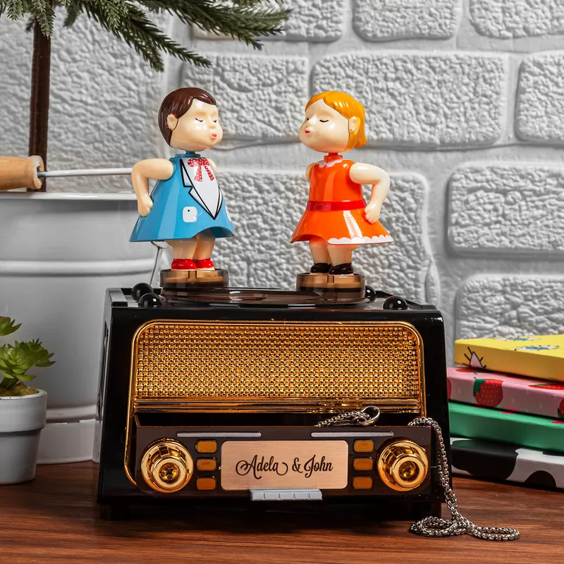 Personalised Vintage Radio Music Box with Dancing Figurines