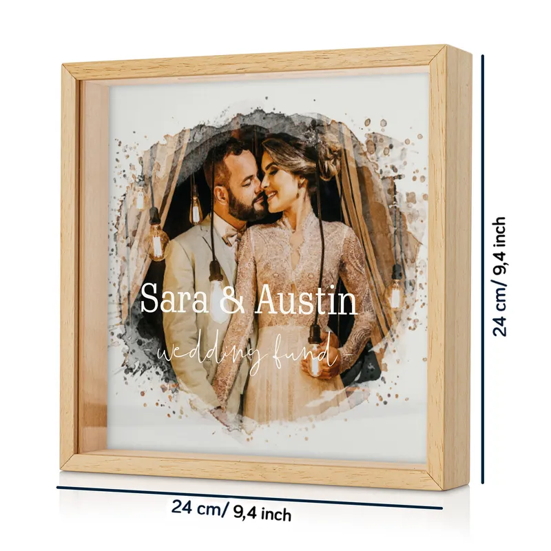 Water Painting Design Wooden Tableau Piggy Bank with Name and Photo