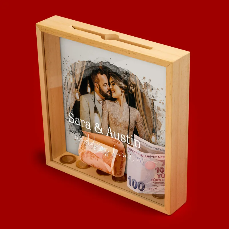 Water Painting Design Wooden Tableau Piggy Bank with Name and Photo