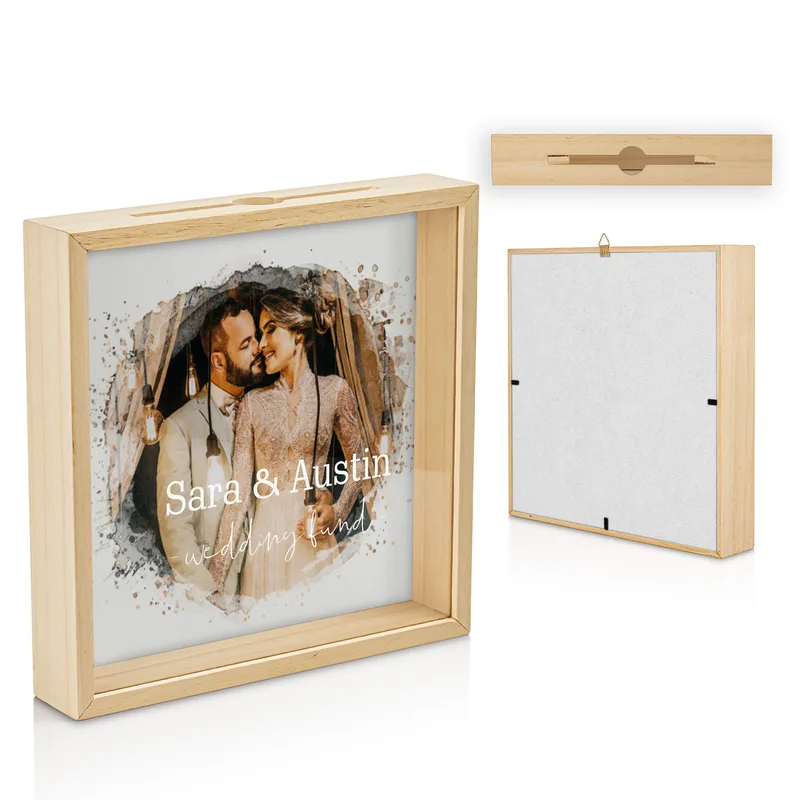 Water Painting Design Wooden Tableau Piggy Bank with Name and Photo