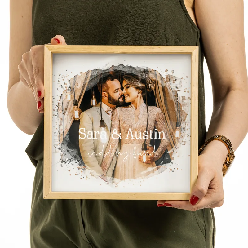 Water Painting Design Wooden Tableau Piggy Bank with Name and Photo