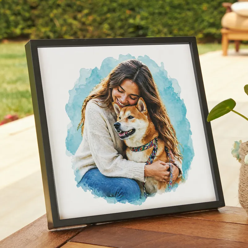 Memorial Pet Gift Personalized Watercolor Effect Photo Painting with Self Adhesive Frame