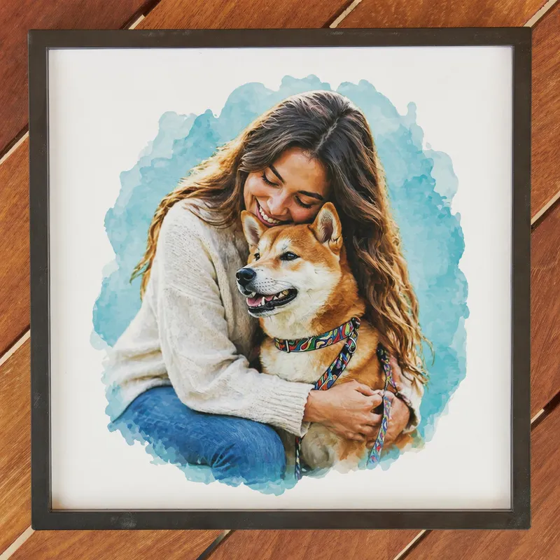 Memorial Pet Gift Personalized Watercolor Effect Photo Painting with Self Adhesive Frame