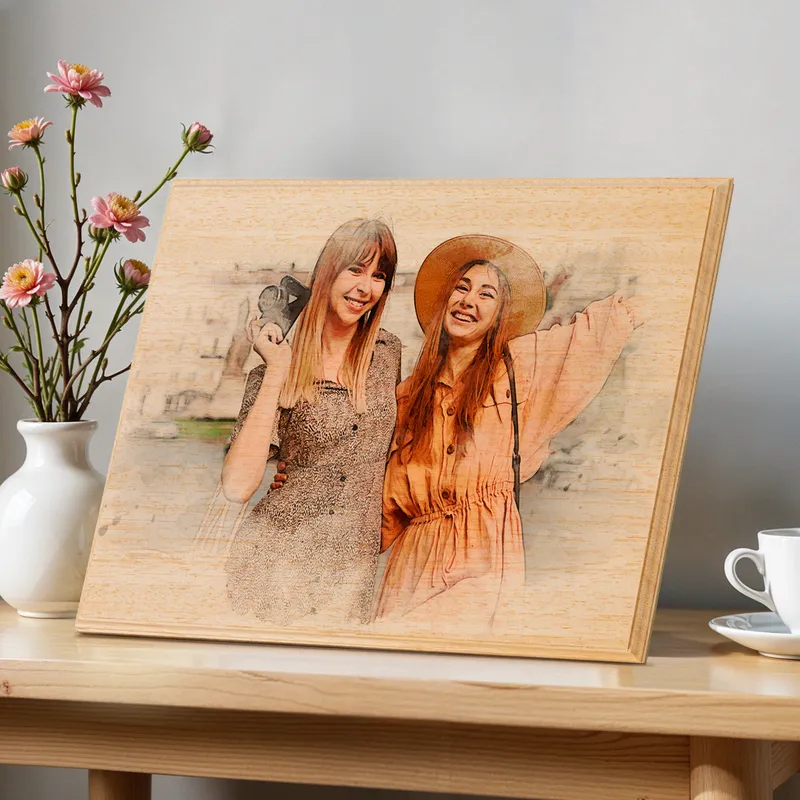Custom Wooden Photo with Watercolor Drawing Effect as Birthday Gift for Her