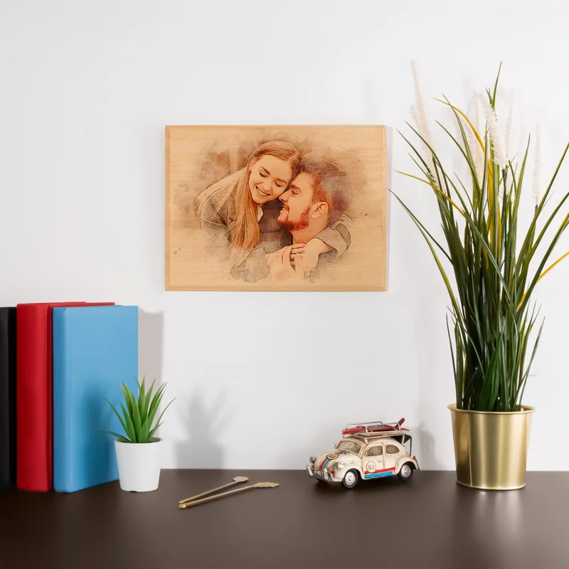 Custom Wooden Photo with Watercolor Drawing Effect as Birthday Gift for Her