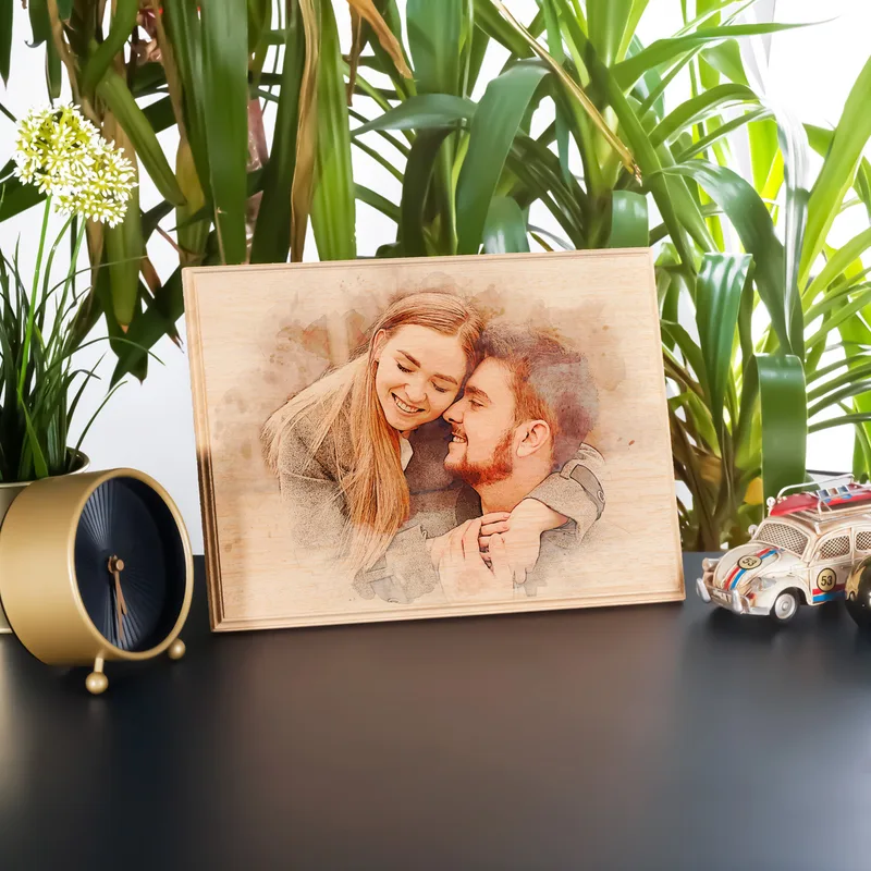 Custom Wooden Photo with Watercolor Drawing Effect as Birthday Gift for Her