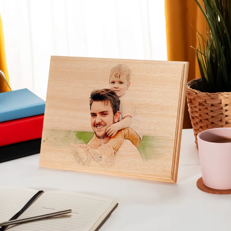 Custom Wooden Photo with Watercolor Drawing Effect as Birthday Gift for Her