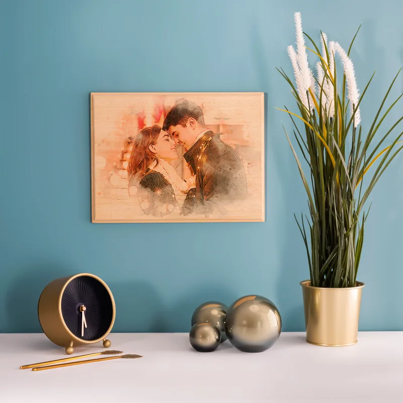 Custom Wooden Photo with Watercolor Drawing Effect as Birthday Gift for Her