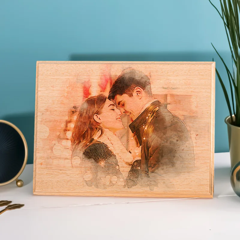 Custom Wooden Photo with Watercolor Drawing Effect as Birthday Gift for Her