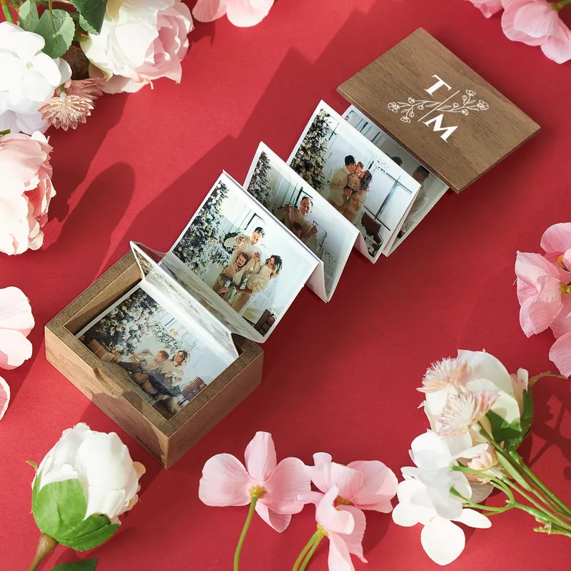 Wooden Accordion Photo Box with Initial Personalized Cover