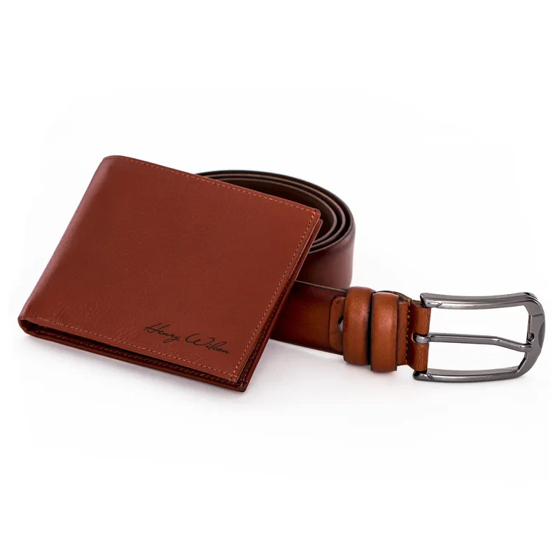 Wooden Box Signature Printed Leather Wallet and Belt Set