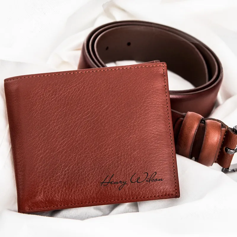 Wooden Box Signature Printed Leather Wallet and Belt Set